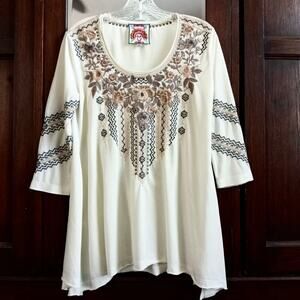Johnny Was Embroidered Tunic Top Earth Tones Floral SZ XS High Low Jersey Knit